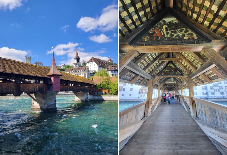Kapelbrug Luzern middeleeuwsebrug over water, schilderingen in de kapelbrug