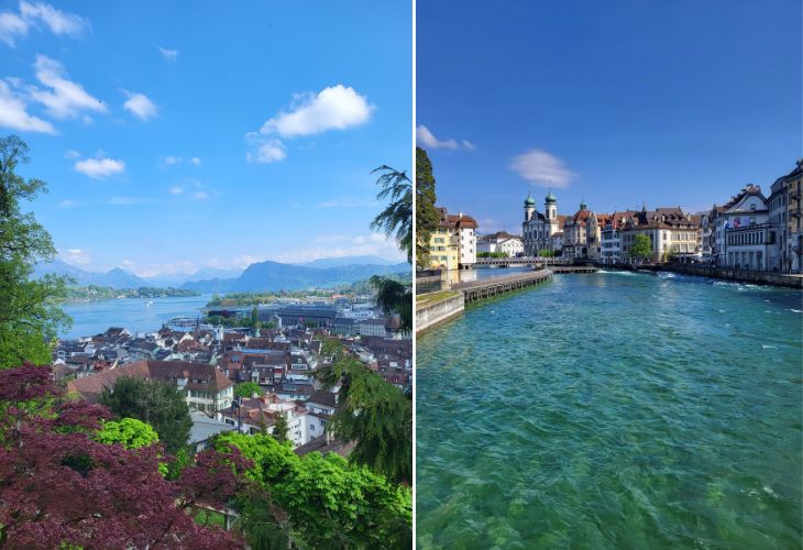 Luzern Lucerne Camperreis uitzicht over Luzern, rivier