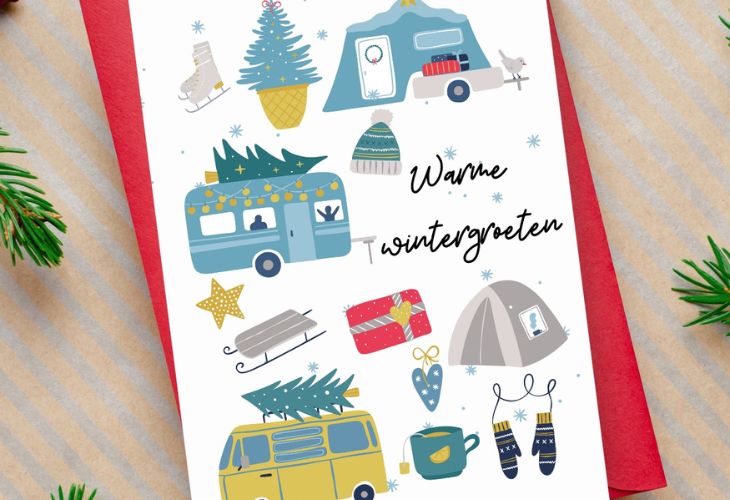 Kerstkaart wintergroeten kamperen 